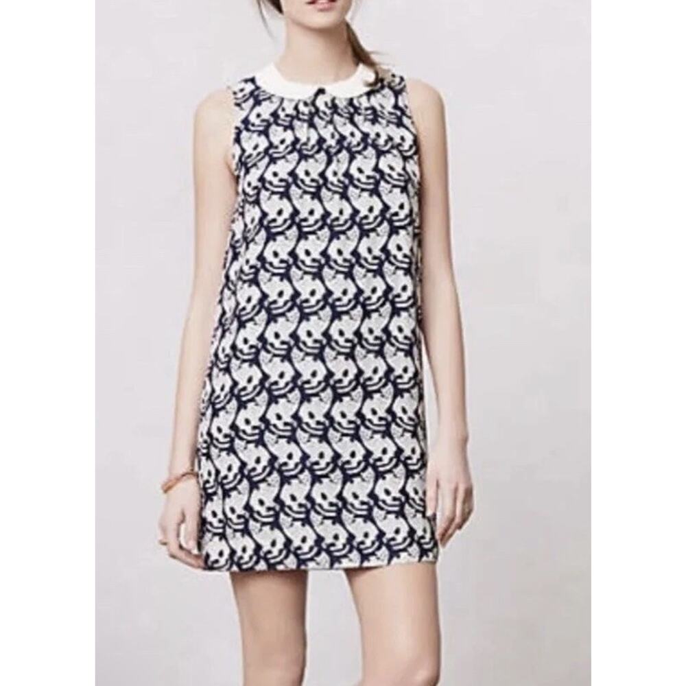 Anthropologie Feline Cat Print Shift Dress a 1960s-inspired navy and cream Sz L
